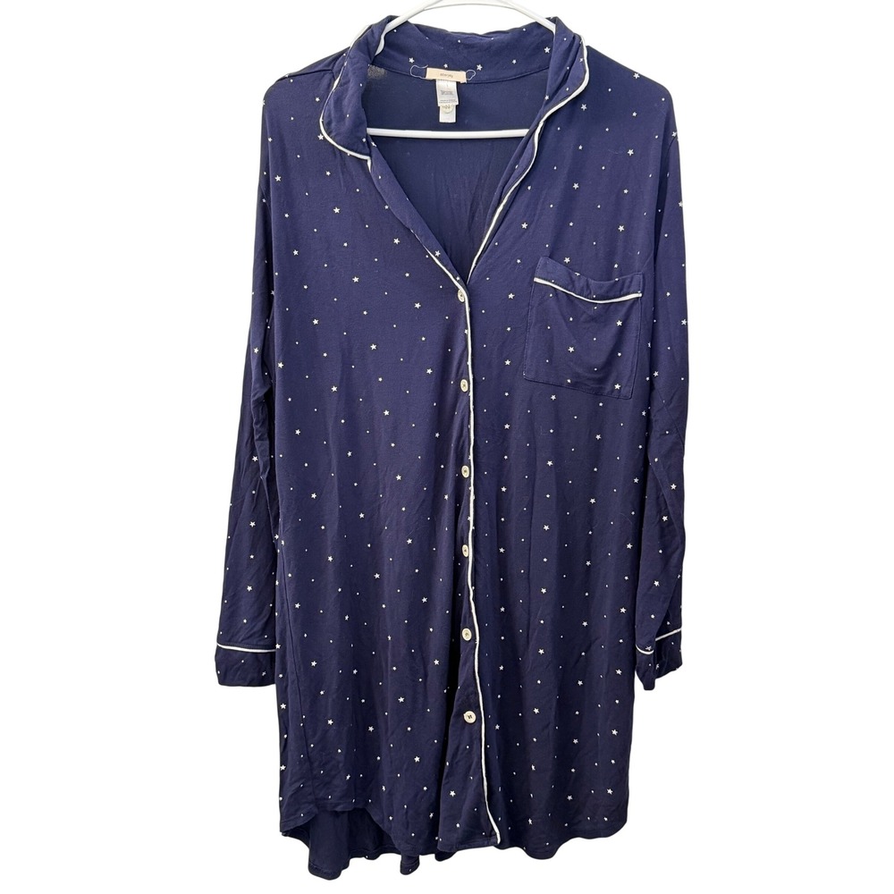 Eberjey Womens Navy Blue Star Print Long Sleeve Button Down Nightshirt Size S‎